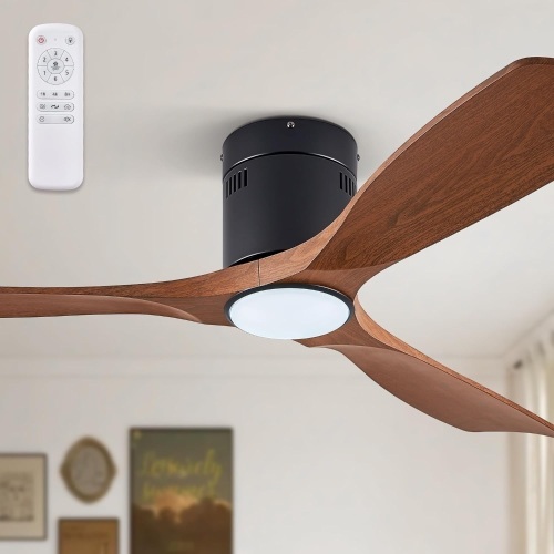 52" Ceiling Fans with Lights and Remote Control,Modern Flush Mount Ceiling Fan with 3 LED Colors,Outdoor Low Profile Ceiling Fans with 6-Speeds Timer DC Motor for Bedroom Living Room Patio - Lot 2642