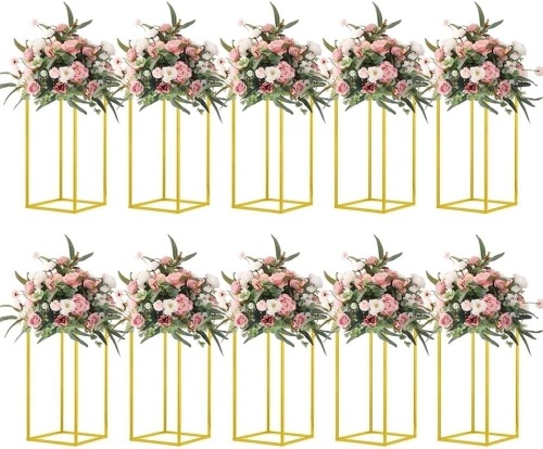 10 Pcs 15.75inch Gold Wedding Flower Vase Metal Column Flower Stand , Geometric Centerpieces Vase for Table, Home Party Wedding Decorations - Lot 2646