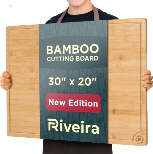 Riveira Wood Cutting Board – Gourmet Bamboo Grandeur: 20 x 30 Cutting Boards For Kitchen – Natural Wooden Cutting Boards For Kitchen – Innovative Juice Grooves Bamboo Cutting Board - Lot 2680