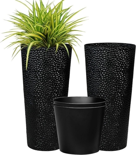 Worth Garden 2-Pack 28" H. Metal Planter with 2X Inside Pots - Hand-Hammered Texture Tall Cone Plant Pots - Large Handcrafted Black Flower Pot for Indoor Outdoor, Deck, Patio, Front Porch - Lot 2681