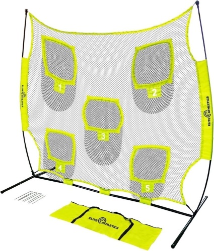 Football Throwing Net - 7 x 7 Football Target Net - 5 Target Pockets; Improve QB Throwing Accuracy - Includes Foldable Bow Frame and Portable Carry Case - Lot 2682