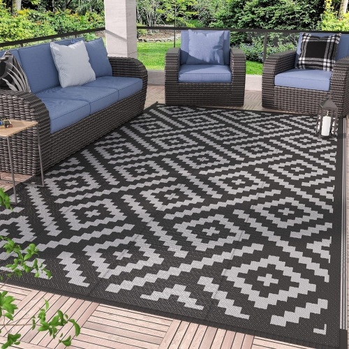 GENIMO Outdoor Rugs 8x10 Waterproof, Reversible Mats, Area Plastic Straw Rug, Outside Carpet, Geometric Rv Mat for Patio Camping Rv Picnic Backyard Deck Balcony Porch Beach (Black & Grey) - Lot 2685