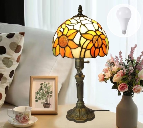 Tiffany Lamp Stained Glass 3 Way Table Lamp,Yellow Sunflower Bedside Table Lamp LED E26 Bulb, for Bedroom Living Room,Included 3 Way LED Bulb - Lot 2687