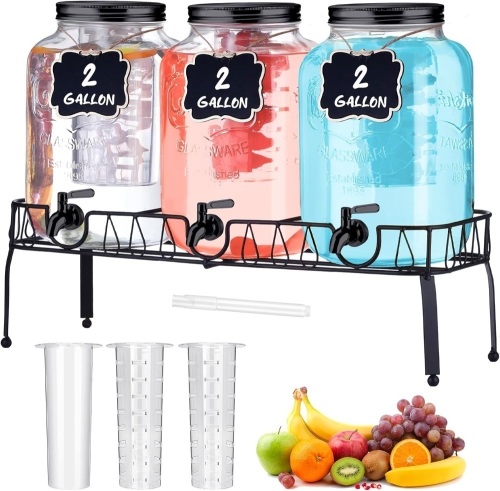 Lallisa 3 Pcs 2 Gallon Glass Drink Dispenser with Stand and Lid Mason Jar Beverage Dispenser with Stainless Steel Spigot, Hanging Chalkboard Signs, Fruit Infuse, Ice Cylinder, Liquid Pen (Black) - Lot 2702