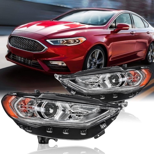 LED DRL Projector Headlights Assembly [Halogen Type] Compatible with 2017-2020 Ford Fusion 2017 2018 2019 2020 Headlamp Driver & Passenger Side, Chrome Housing - Lot 2709
