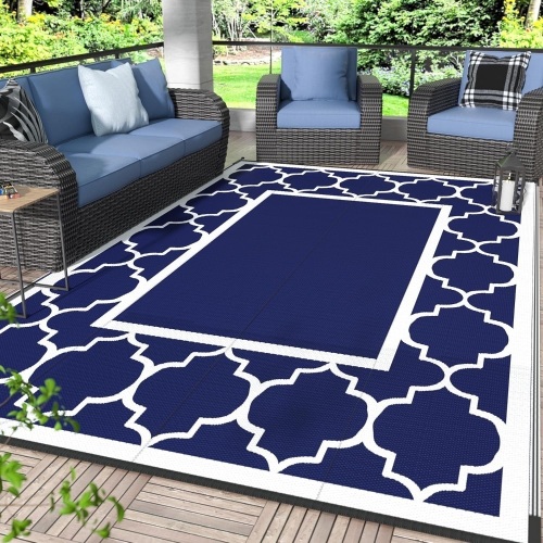 GENIMO 9' x 12' Outdoor Rug Waterproof for Patio Decor, Foldable Reversible Plastic Straw Area Rugs Mat for Camper, Outside Carpet for Rv, Deck, Porch, Picnic, Beach, Balcony, Blue & White - Lot 2711