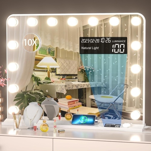 Hollywood Makeup Mirror with Lights, 23 x 18 Inch Light up Vanity Mirror with 15 Dimmable Bulbs and Dimmable 3 Colors Modes, Digital Display and Clock, Tabletop, USB Port, Type-C, White - Lot 2723