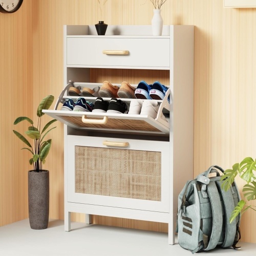 Wood Hidden Shoe Rack - Narrow Shoe Cabinet with Drawer, 2 Tilting Shoe Organizer & Top Shelf - Rattan Shoe Storage Cabinet for Entryway, Nonslip Shoe Dresser for Heels Boots Sandals & More - Lot 2724