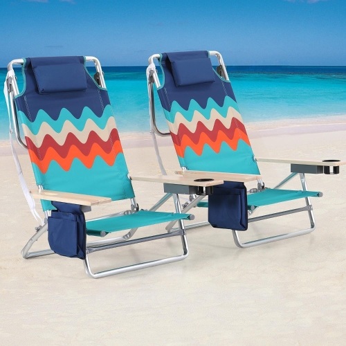 LET'S CAMP Backpack Beach Chair Set of 2, 5-Position Classic Lay Flat, Insulated Cooler Bag, Cup Holder, Storage Pouch and Tower Bar, Support 250LBS, Wave - Lot 2726