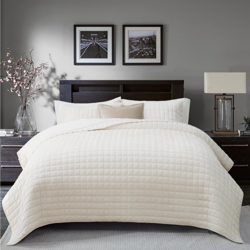 RECYCO Luxury Velvet Quilt Set King Size, Lightweight Velvet Comforter Set, Oversized Bedspread Coverlet Quilted Bedding Set, with 2 Matching Pillow Shams, for All Season, Cream White - Lot 2736