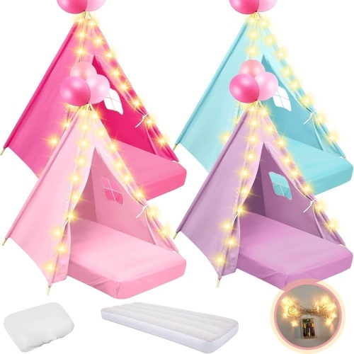 4 Set Kids Teepee Tent Bulk with Light String & Inflatable Airbed & Bedding Fitted Sheet, Natural Cotton Toddler Play Tent Washable Foldable Tent for Girls Boys Indoor Outdoor (Colorful) - Lot 2744
