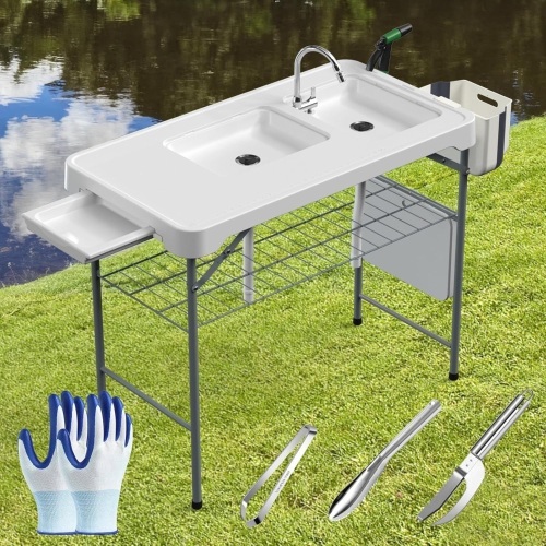 Fish Cleaning Table with Sink 42.6" Width Portable Folding Camping Table with Measure Mark|Outdoor Fish Cleaning Station with Grid Rack&Fish Cleaning Kit for Patio - Lot 2746
