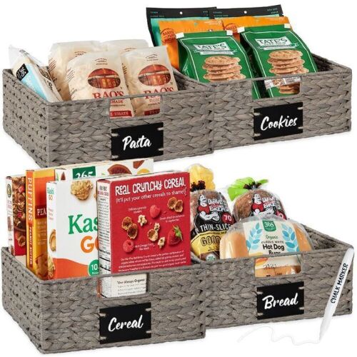 Set of 4 Water Hyacinth Pantry Baskets w/ Chalkboard, Marker - 13in - Lot 158