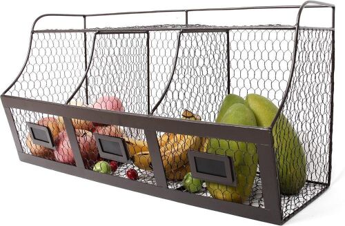 Large Rustic Wall Mounted Brown Metal Wire Hanging Fruit Basket - Lot 360