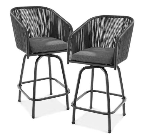 Swivel Wicker Outdoor Bar Stool with Black Cushions, Set of 2   - Lot 719