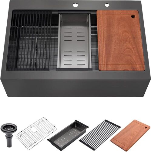 Luckyhorse 16 Gauge 33x22 Black Stainless Steel Drop in Kitchen Sink  - Lot 26