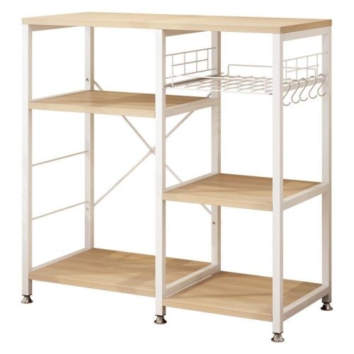  Kitchen Baker's Rack Microwave Oven Stand with Wood Storage Shelves and Metal Basket, White Oak  - Lot 351