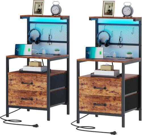 Tall Nightstand with Charging Station and LED Lights, Set of 2  - Lot 374