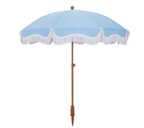 7 ft. Metal Beach Umbrella in Blue with Tassel Design and Cover  - Lot 334