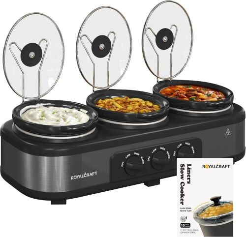 Royalcraft 3 in 1 Slow Cooker with Lid Rests, Liners, 4.5Qt - Lot 509