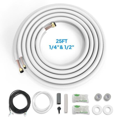 ROVSUN 25 Ft 1/4" & 1/2" O.D. Flared Copper Tubing Pipes and 3/8" Thickened PE Insulated Coil with Nuts & Kit - Lot 808