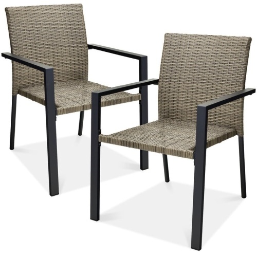 Set of 2 Stackable Wicker Chairs w/ Armrests, Steel Accent Furniture  - Lot 412