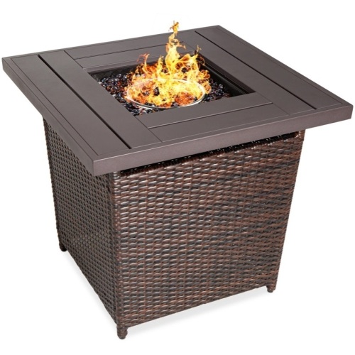 28in Fire Pit Table 50,000 BTU Wicker Propane w/ Faux Wood Tabletop, Cover - Lot 16
