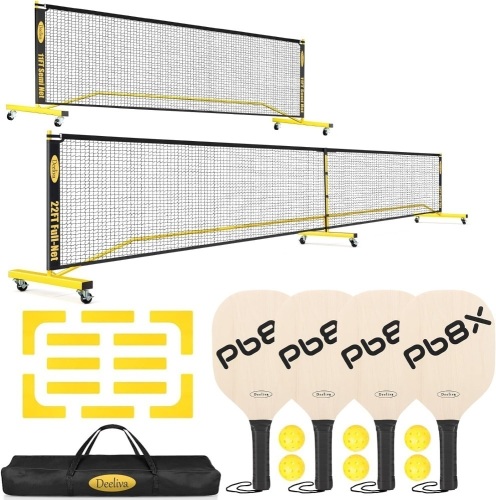 Deeliva Pickleball Set Pickleball Net 4 Paddles Driveway Portable Outdoor Half Court Pickle Ball Nets 11ft 22ft w/Wheel, Court Line, Lightweight Yet Sturdy Regulation Size Indoor Backyard  - Lot 2936