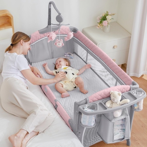 ADOVEL Baby Bassinet Bedside Crib, Pack and Play with Mattress, Diaper Changer and Playards from Newborn to Toddles, Pink - Lot 2945