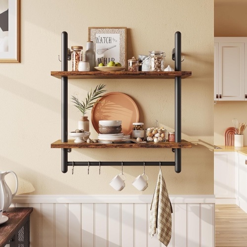 Bestier Floating Shelves Kitchen Shelves Wall Mounted 24" 2 Tier Ladder Shelves with Tower Bar, Wall Decor for Bathroom, Bedroom, Living Room, Coffee bar & Balcony, Rustic Brown  - Lot 2928