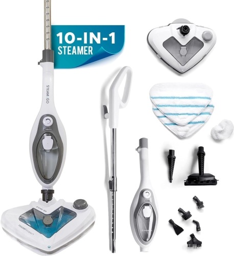 Steam and Go 10-in-1 Steam Mop - Floor Steamer with Detergent Chamber and Detachable Handle for Tile Grout, Clothes, Furniture, Hardwood, Upholstery, & Carpet, Handheld Steam Cleaner for Home Use  - Lot 3176