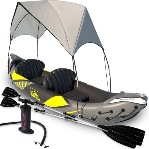 KP Inflatable Kayak 2 Person with Sun Canopy (Detachable) + Kayaks for Adults + 3rd Seat for Dog/Child + Waterproof Phone Bags + Adjustable Seats + Backrests & More + New - Lot 2950