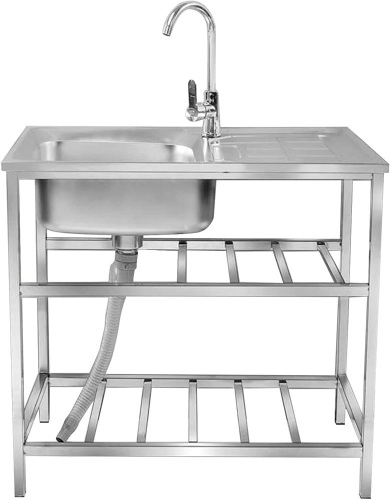Outdoor Free Standing Sink, Utility Stainless Steel Kitchen Single Bowl Washing Hand Basin Station Sink with Drainboard and Faucet, for Restaurant, Cafe, Bar, Hotel, Garage, Laundry Room, Sink (Color - Lot 2951