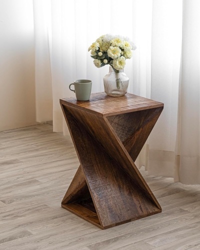 Hand Made One-of-a-Kind Carved Mango Wood Twisted X Shape End Table, Natural - Lot 2952