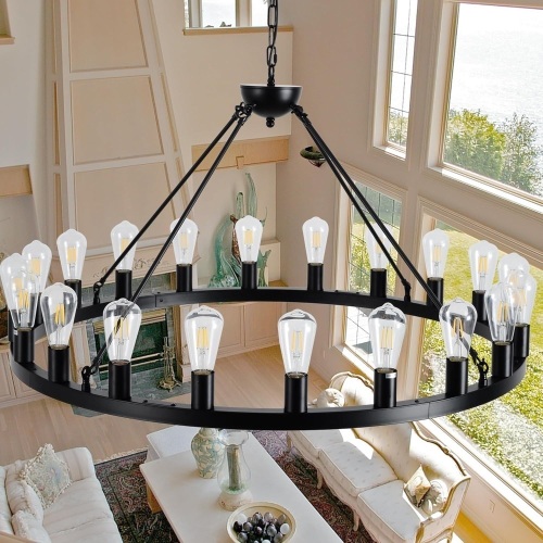 40 inch Black Wagon Wheel Chandelier 20-Light Farmhouse Round Wheel Chandeliers Hanging Light Fixture - Lot 2955