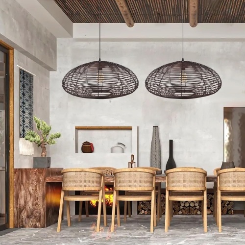 Arturesthome 1 Light Round Rattan Pendant Light, Boho Wicker Chandelier Basket Lighting Fixture, Large Woven Hanging Lamp for Kitchen Island Entryway BLACK - Lot 2969