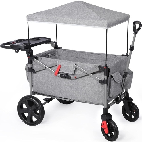 EVER ADVANCED Foldable Wagons for Two Kids & Cargo, Collapsible Folding Stroller with Adjustable Handle Bar,Removable Canopy with 5-Point Harness Gray - Lot 2973