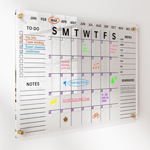 Acrylic Wall Calendar with Dry Erase Surface | 28x20" Clear Monthly Planning Board | includes 8 Color Markers, Eraser, Multi-Color Standoff Screws, and Installation Kit | Perfect for Home & Office - Lot 2983