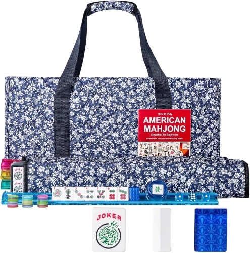 American Mahjong Set,166 Premium Acrylic Tiles with Blue Prints, 4 All-in-One Color Rack/Pushers, Complete Mahjong Game Set with Floral Blue Carrying Bag - Lot 2990