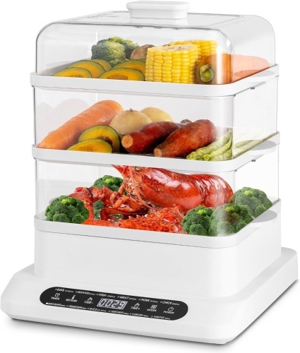Pukomc Food Steamer 3 Tier 16QT Electric Vegetable Steamer With Appointment and Timer Multifunctional Digital Steamer For Fast Simultaneous Cooking (800W) - Lot 3003