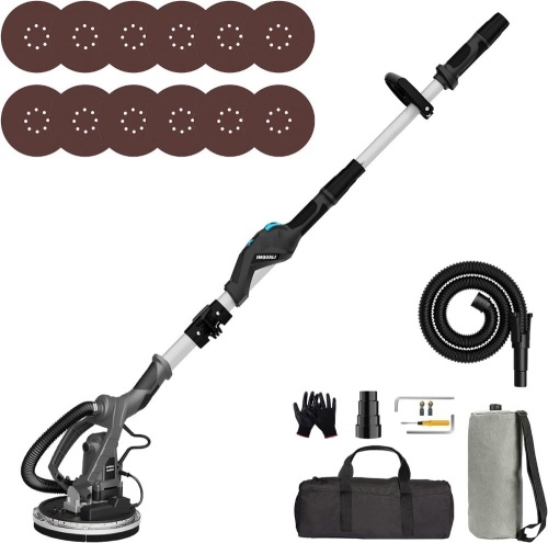 Drywall Sander with Vacuum, IMQUALI® 9.5A 1050W Electric Sander Tool with Variable Speed 600-2600RPM, Popcorn Ceiling Removal Tool with Extendable Handle, LED Light, 12pcs Sanding Discs, Black, IMQ919 - Lot 3008