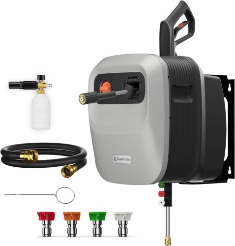 Giraffe Tools Grandfalls Pressure Washer G20, Wall Mount Pressure Washer with 180°Rotating Bracket, 65FT Retractable Ultra-Soft Pressure Hoses, 2200PSI, 2.4GPM, 4 Nozzles, Foam Cannon, Light Silver - Lot 3020