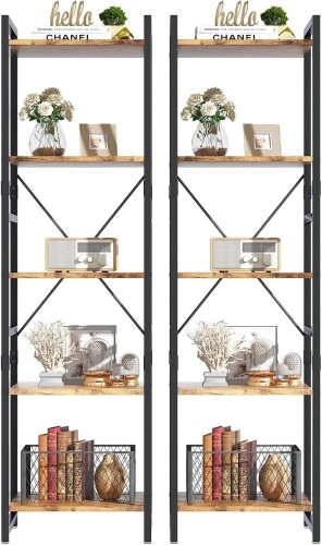 Narrow Bookshelf, 5-Tier Ladder Bookshelf, Tall Bookshelf with Open Shelves, Industrial Standing Bookshelf for Bedroom, Living Room and Home Office(Rustic Brown,2PCS) - Lot 3022