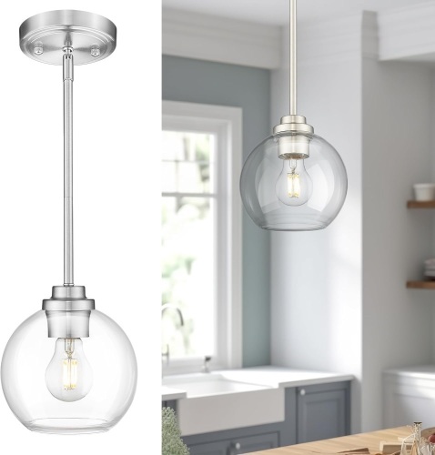 Globe Pendant Light Fixture, Modern Brushed Nickel Hanging Light with Clear Glass for Kitchen Island Dining Room Bedroom Hallway Foyer (1 Pack), PL101BN - Lot 3030