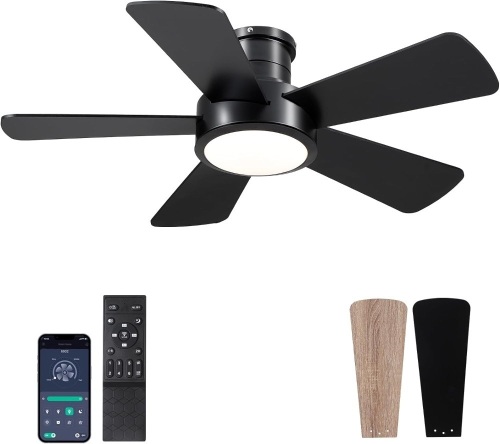 Dannilong 40 inch Modern Ceiling Fans with Lights Remote/APP Control, Low Profile Reversible Ceiling Fans Flush Mount 6 Speeds Ceiling fan Light for Patio Kitchen Bedroom, Black - Lot 3033