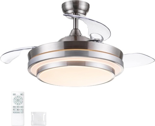 Retractable Ceiling Fan with Lights Remote Control, Dimmable 42 Inch Modern Fandelier Ceiling Fan for Bedroom Living Room Dinning Room, 3 Color, 6 Speed, Brushed Nickel - Lot 3034
