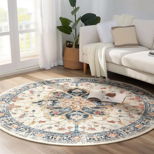 8ft Round Rug, Area Rugs 8ft, Washable Rug, Non-Slip, Rugs for Living Room, Rugs for Bedroom, Circle Rug, Vintage Rugs Boho Floral Medallion, Low Pile, Soft, Beige Dark Blue Navy Red - Lot 3053