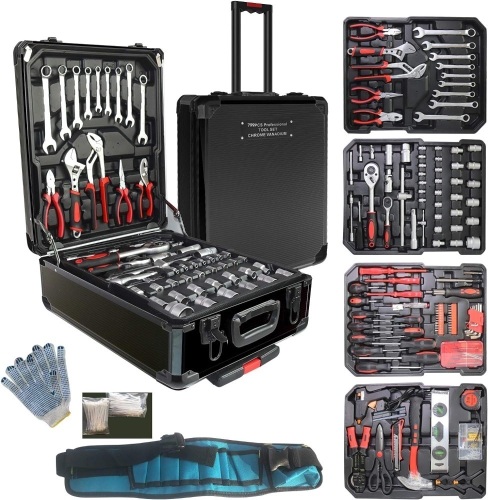 Arcwares 799pcs Aluminum Trolley Case Tool Set Silver, House Repair Kit Set, Household Hand Tool Set, with Tool Belt,Gift on Father's Day (Black) - Lot 3054