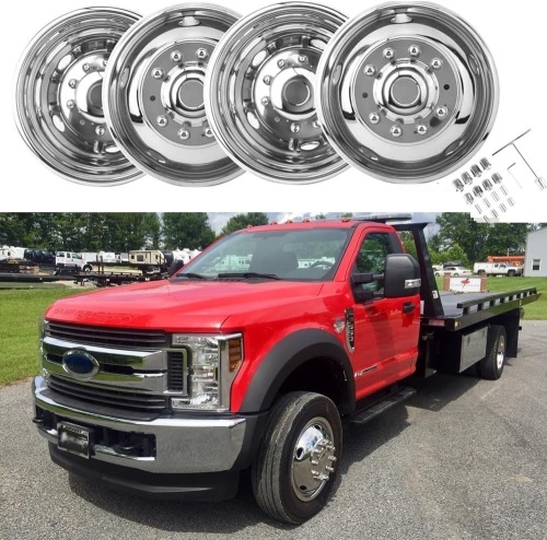 4pcs 19.5" 10 Lug Hubcaps Polished Stainless Steel Dually Wheel Simulators, Nice looking and Durable Bolt On Wheel Cover, with full Kit Tools Compatible with 2005-2021 Ford F450 F550 - Lot 3060