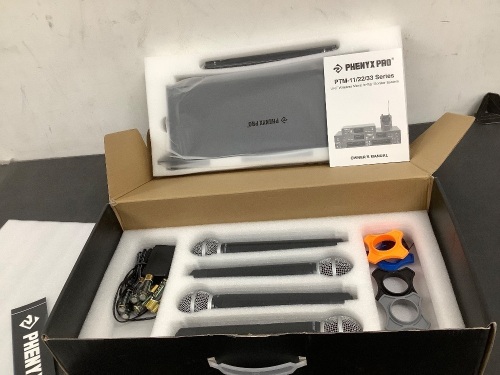 Phenyx Pro Wireless Microphone System, Metal Wireless Mic Set with 4 Cordless Mics, 4x25 UHF Adjustable Frequencies, 200ft Range, Dynamic Microphones for Singing, Karaoke, Church, DJ (PTU-5200-4H) - Lot 3066
